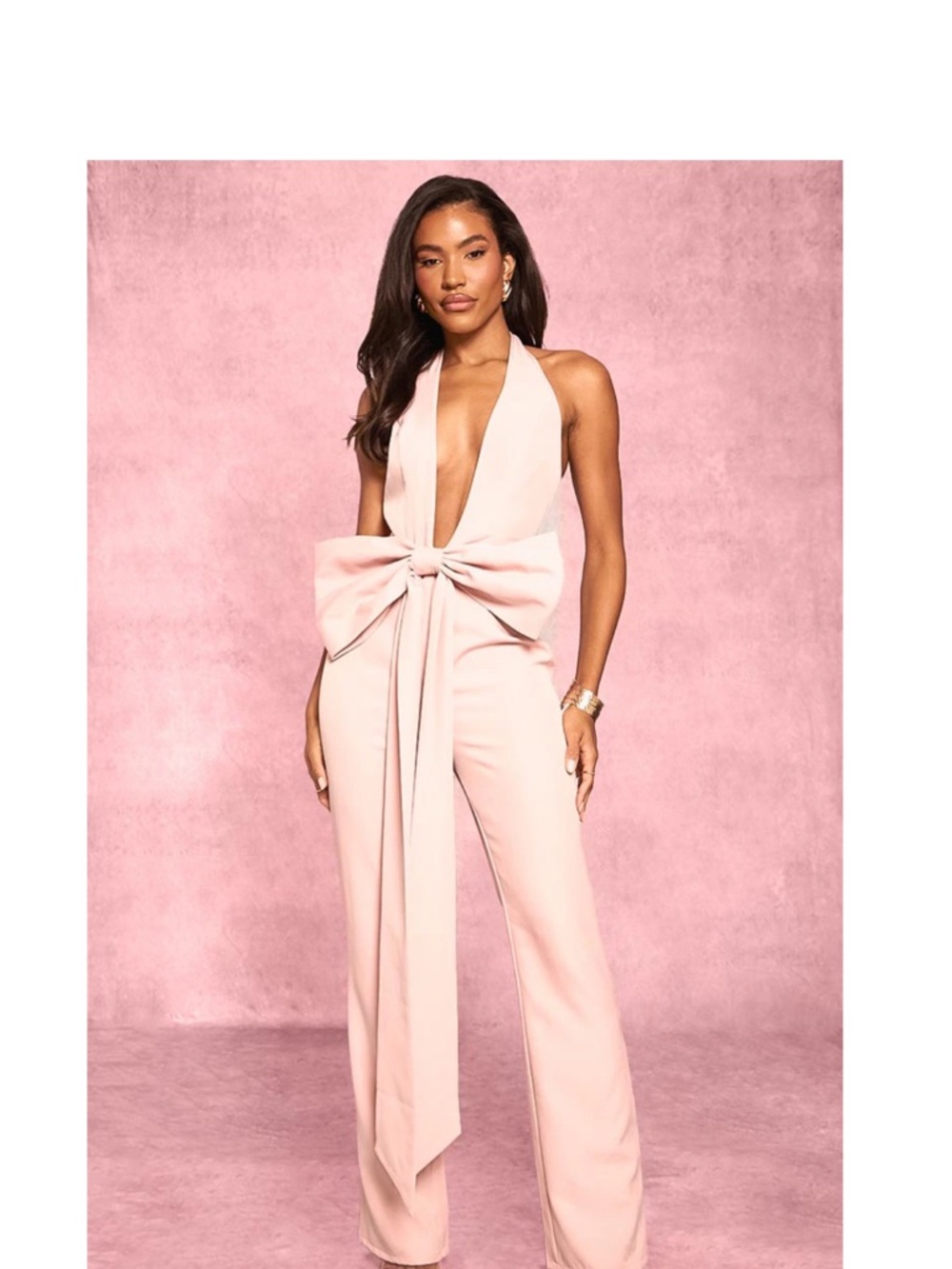 PrettyLittleThing Plunge Halter Jumpsuit with Oversized Front Bow - Pink US 10